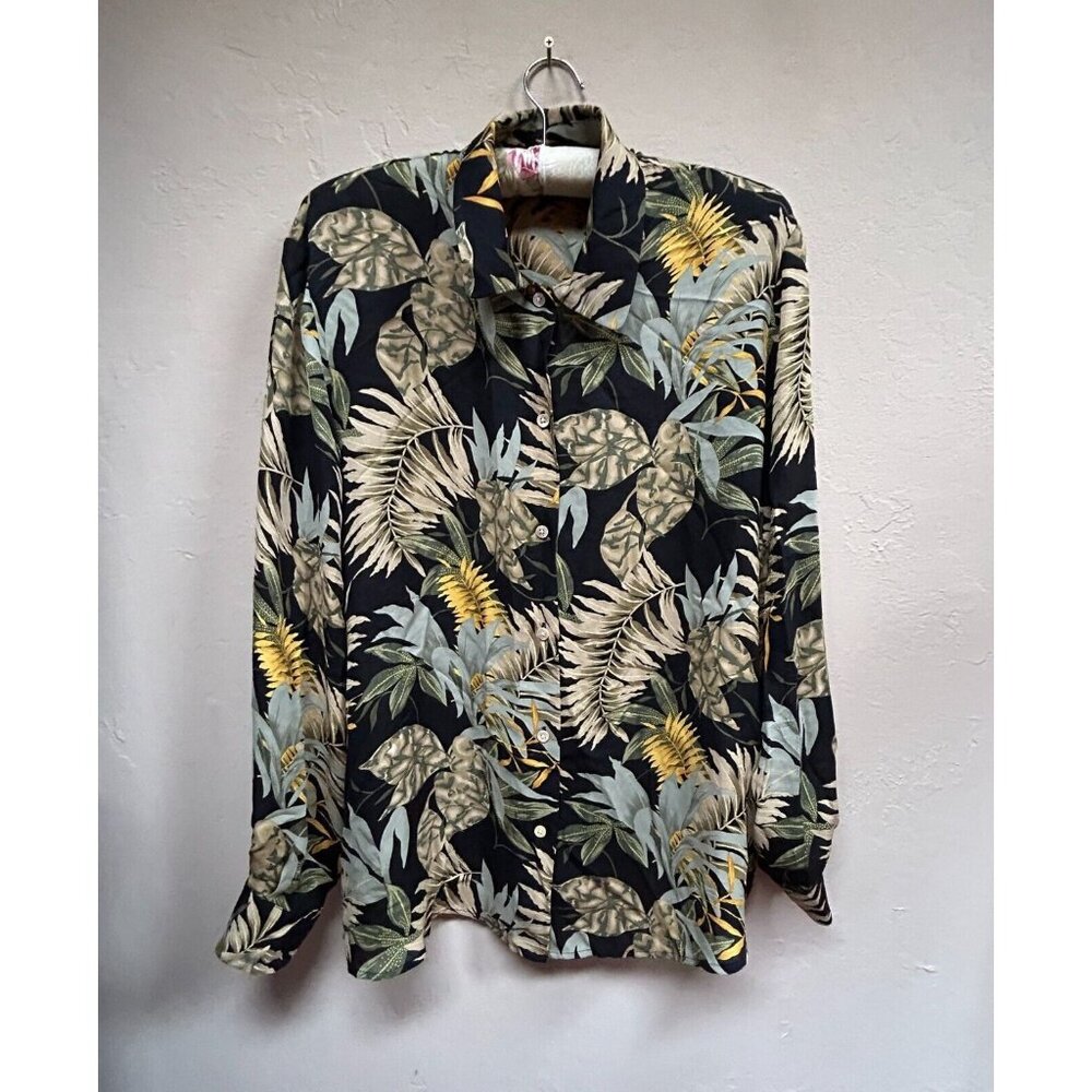 Ann May Women's Button Down Shirt Silk Long Sleeve Top Tropical Hawaiian Size XL